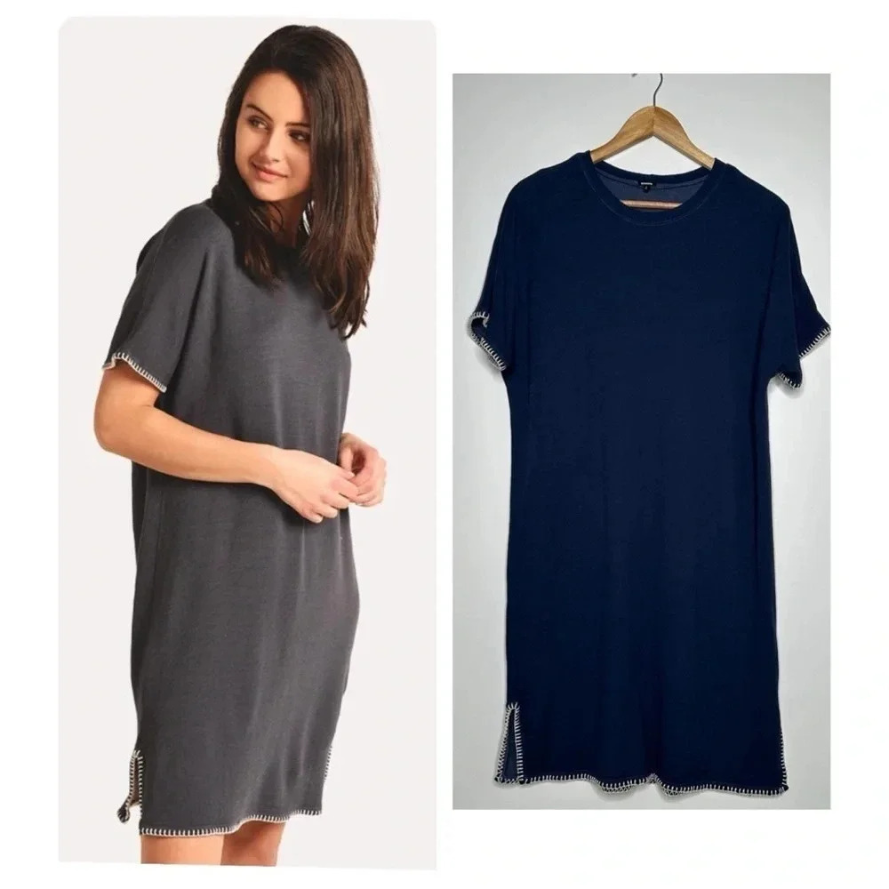 Monrow Revolve Navy Super Soft Blanket Stitch Casual Shirt Dress Size Small